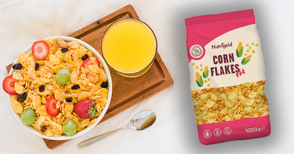 Nutrigold cornflakes fit bez dodanog žećera u rozoj plastičnoj vrećici od 1000 grama.
