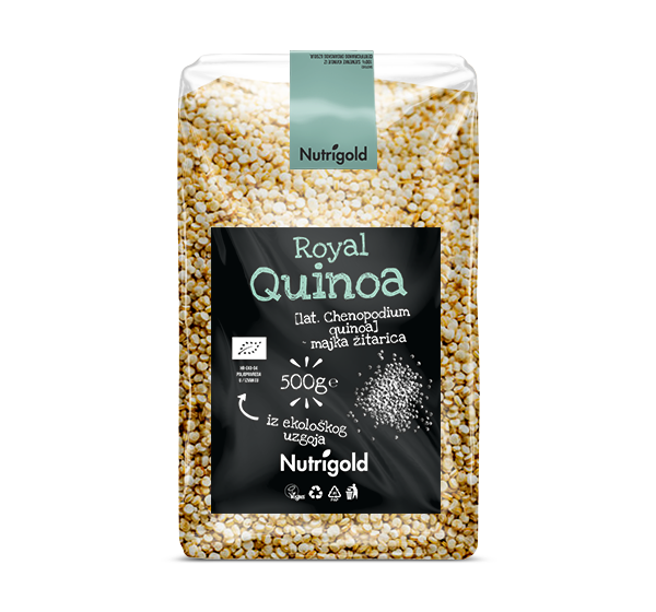 Bijela kvinoja/quinoa u plastičnoj, prozirnoj ambalaži od 1000 grama.