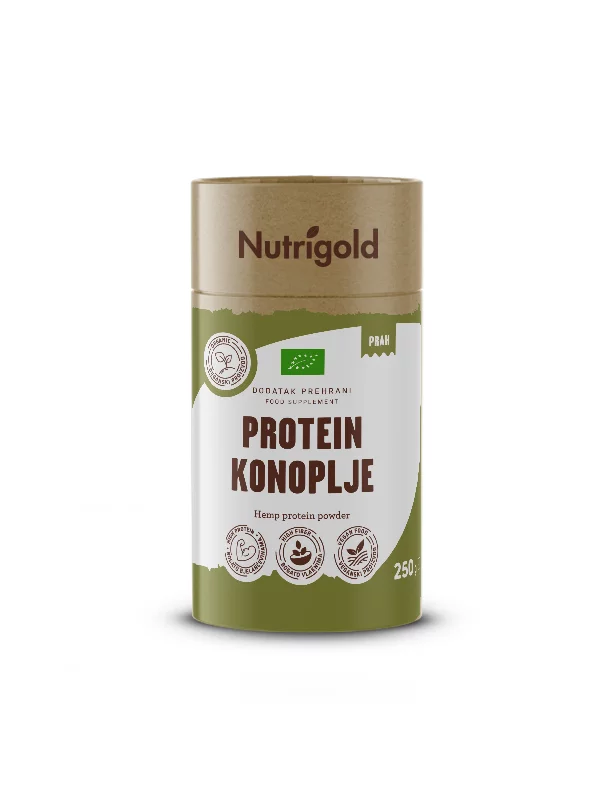 Nutrigold proteinski prah konoplje dolazi  u papirnatoj, zelenoj ambalaži od 250g.