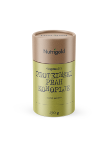 Proteinski prah konoplje dolazi  u papirnatoj, zelenoj ambalaži od 250g.
