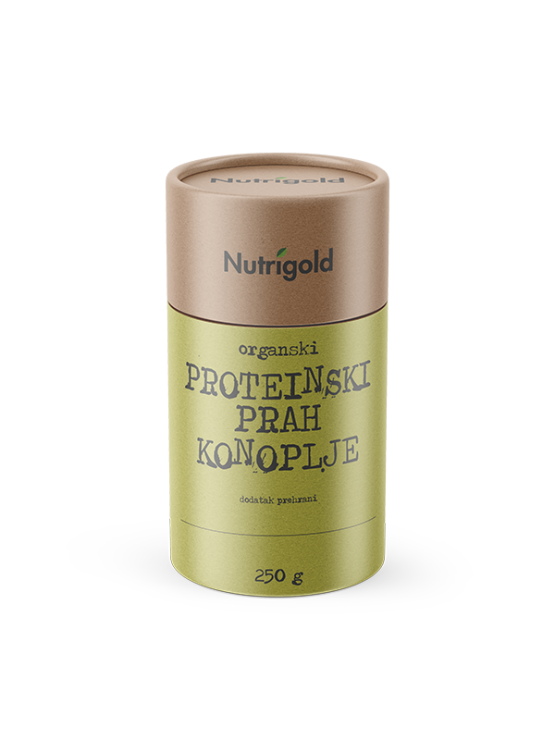 Proteinski prah konoplje dolazi  u papirnatoj, zelenoj ambalaži od 250g.