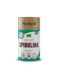 Nutrigold spirulina prah u zelenoj, kartonskoj ambalaži od 250g.