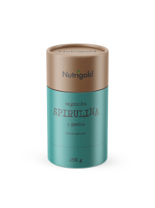 Nutrigold spirulina prah u zelenoj, kartonskoj ambalaži od 250g.