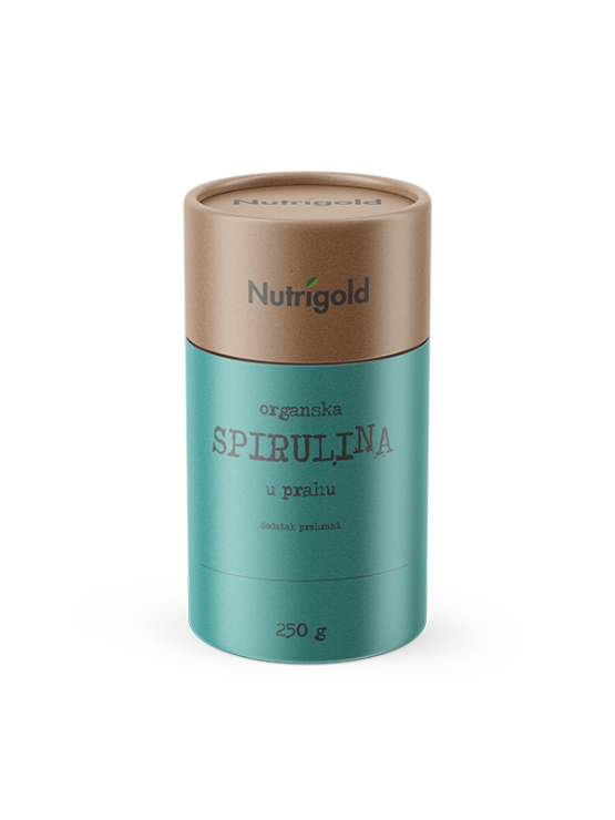 Nutrigold spirulina prah u zelenoj, kartonskoj ambalaži od 250g.