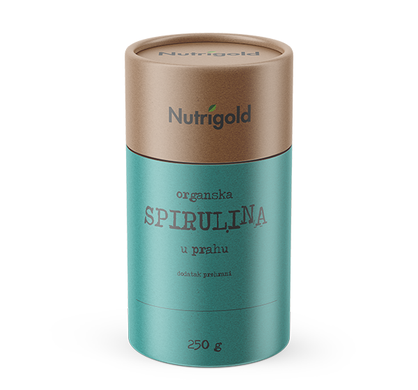 Nutrigold organska spirulina u prahu u zeleno smeđoj posudi od 250 grama.