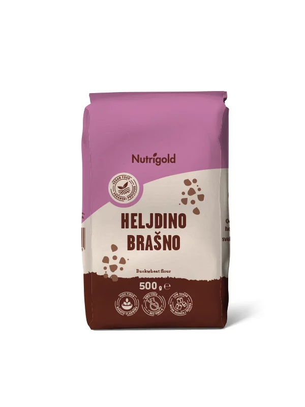 heljdino brašno Nutrigold u papirnatoj natron ambalaži od 500g sa crno ljubičastom naljepnicom