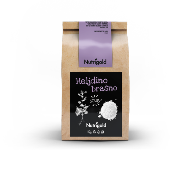 Nutrigold heljdino brašno u smeđoj papirnatoj ambalaži od 500 grama.