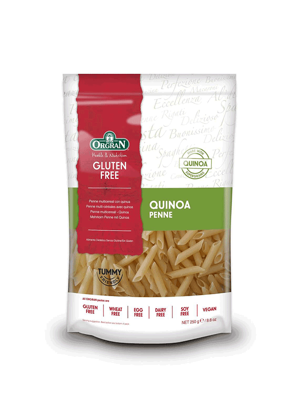 Orgran spirale tjestenina od kvinoje/quinoa certificirano bez glutena u plastičnoj zeleno, bijeloj, crvenoj ambalaži od 250 grama.