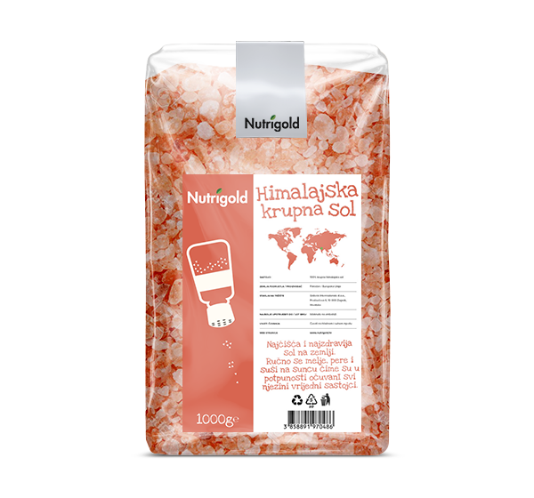 Nutrigold krupna himalajska sol u prozirnoj plastičnoj amabalaži od 1kg.