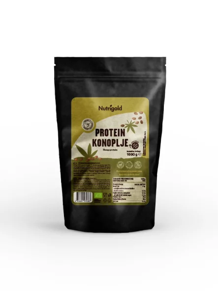 Proteinski prah konoplje u crnoj, plastičnoj ambalaži od 1000g.