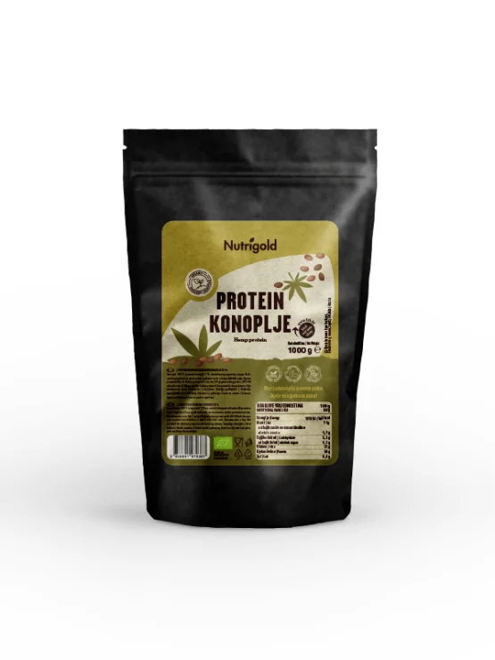 Proteinski prah konoplje u crnoj, plastičnoj ambalaži od 1000g.