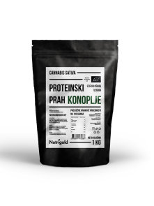 Proteinski prah konoplje u crnoj, plastičnoj ambalaži od 1000g.