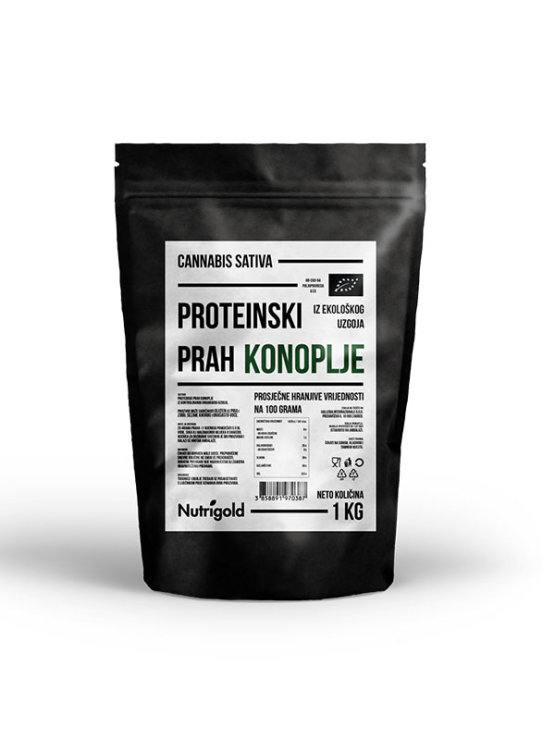 Proteinski prah konoplje u crnoj, plastičnoj ambalaži od 1000g.