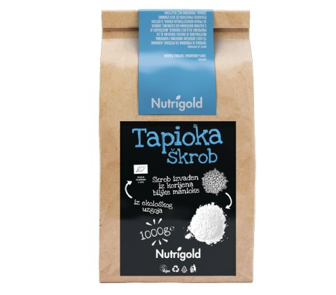 Nutrigold tapioka škrob iz organskog uzgoja u smeđoj, papirnatoj ambalaži od 500 grama.