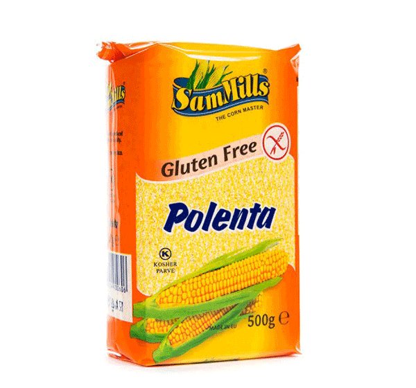 Palenta bez glutena u narančastoj žutoj plastičnoj ambalaži od 500 grama.