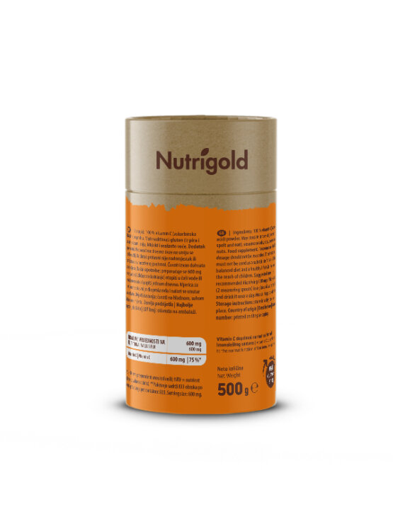 Nutrigold vitamin c u prahu u narančastoj ambalaži od 500g.