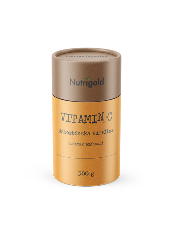 Nutrigold vitamin c u prahu u narančastoj ambalaži od 500g.