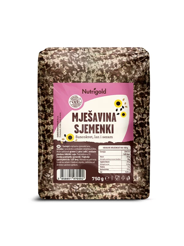 Nutrigold mješavina sjemenki dolazi u prozirnom pakiranju od 750g