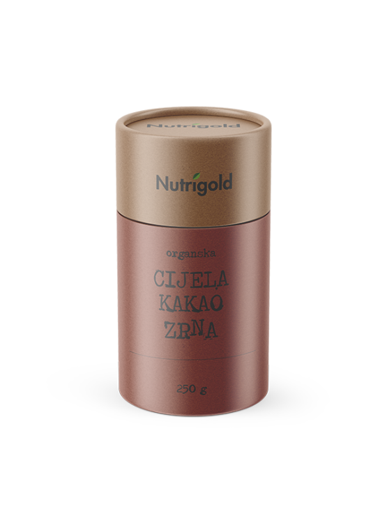 Nutrigold kakao zrna cijela u smeđoj, kartonskoj ambalaži od 250g.