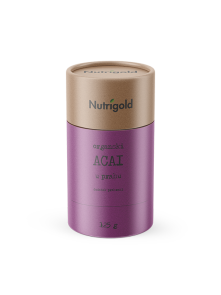 Nutrigold acai u prahu u kartosnkom, ljubičastom pakiranju od 125g.