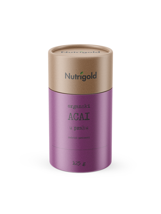 Nutrigold acai u prahu u kartosnkom, ljubičastom pakiranju od 125g.