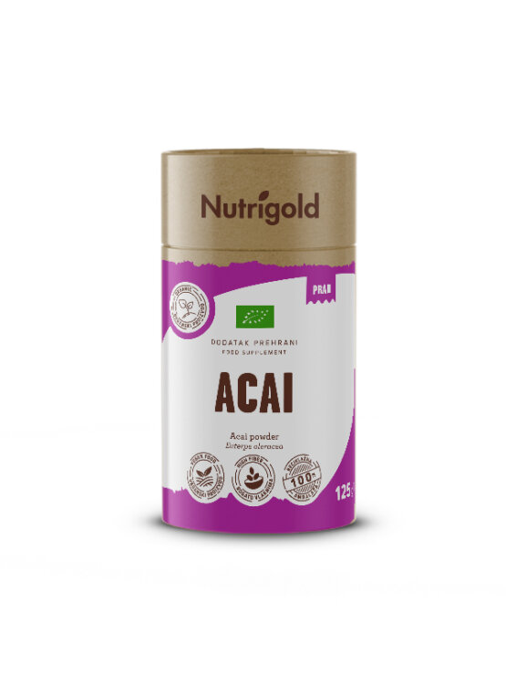 Nutrigold acai u prahu u kartosnkom, ljubičastom pakiranju od 125g.