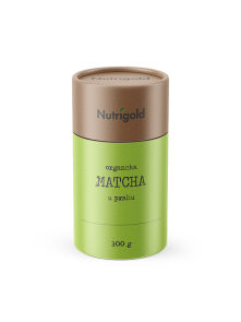 Nutrigold matcha prah iz certificiranog organskog uzgoja u smeđoj posudi od 100 grama.