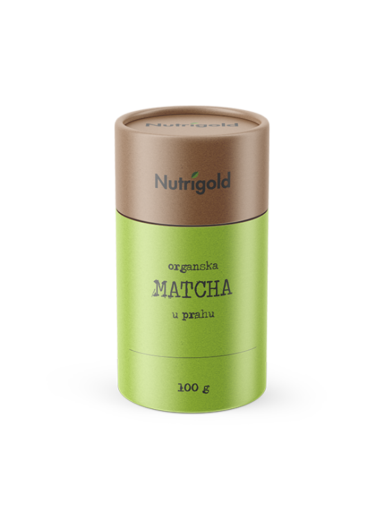 Nutrigold matcha prah iz certificiranog organskog uzgoja u smeđoj posudi od 100 grama.
