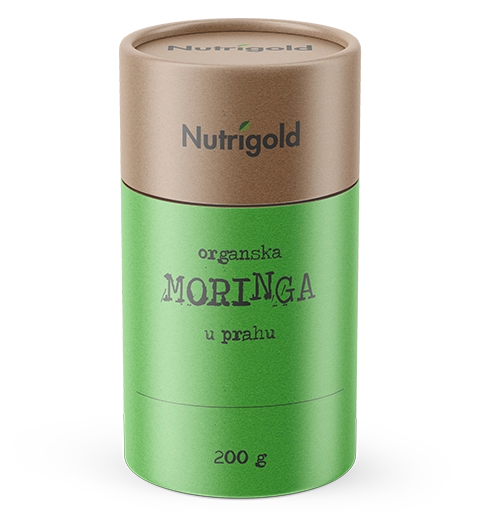 Nutrigold organska moringa u prahu u smeđoj posudi od 200 grama.