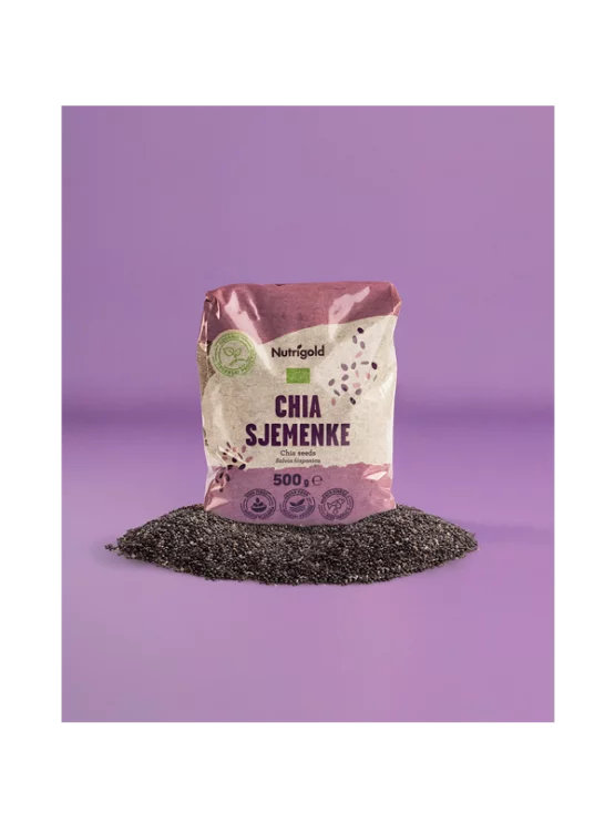 Organske Nutrigold chia sjemenke u prozirnoj ambalaži od 500 grama