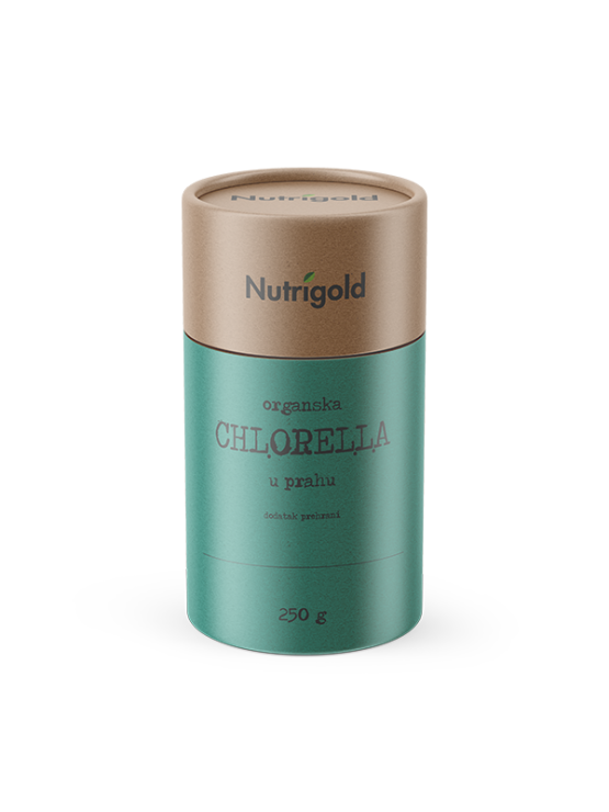 Nutrigold organski chlorella prah u zelenoj tubastoj ambalaži od 250 grama