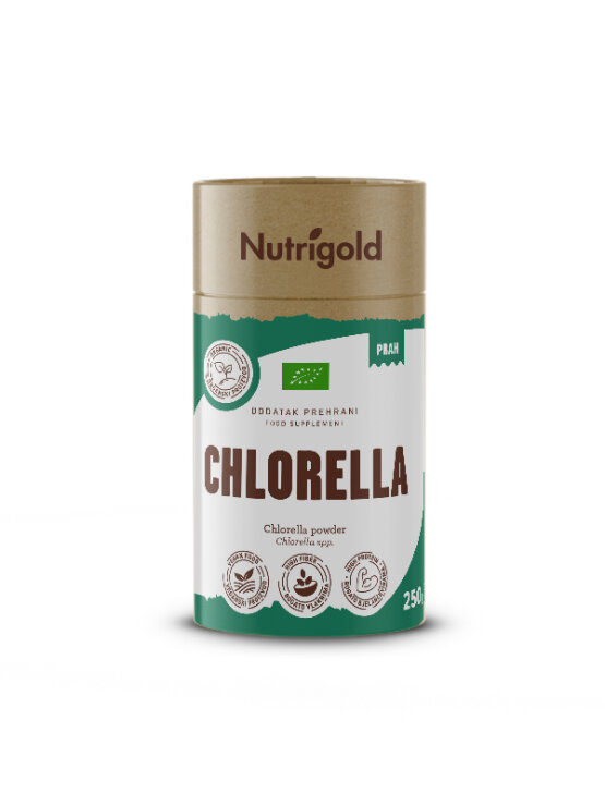 Nutrigold organski chlorella prah u zelenoj tubastoj ambalaži od 250 grama