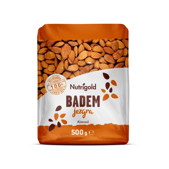 Nutrigold Jezgre badema u plastičnoj prozirnoj ambalaži od 500 grama.