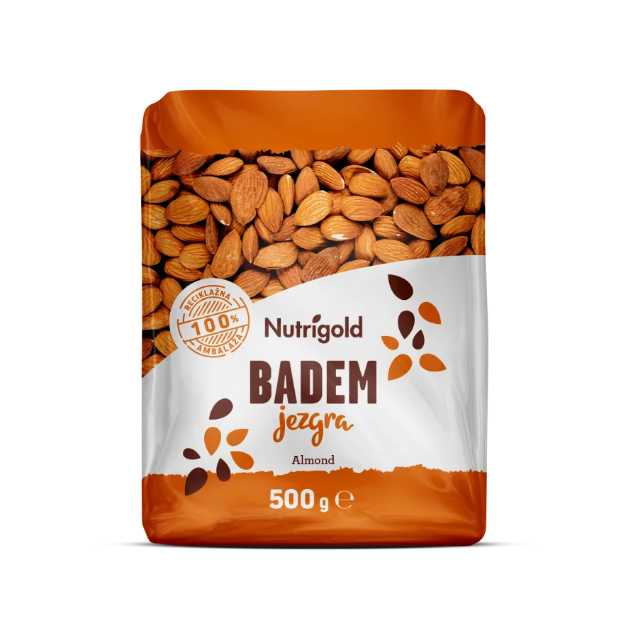 Nutrigold Jezgre badema u plastičnoj prozirnoj ambalaži od 500 grama.