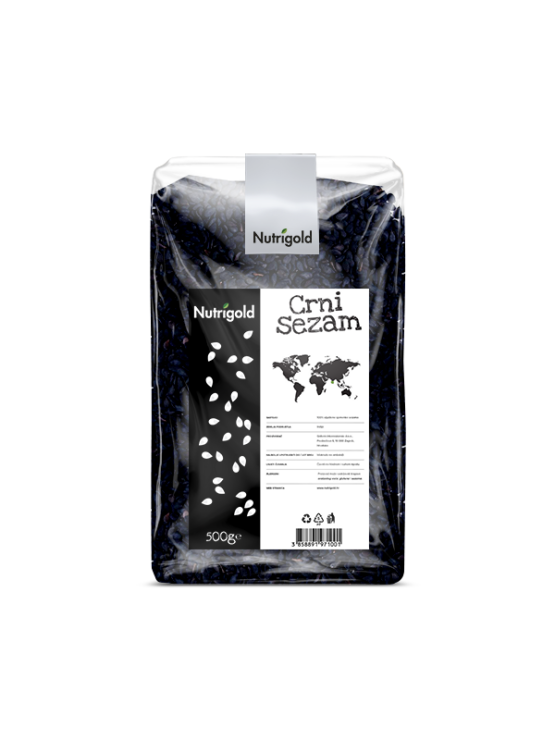 Nutrigold sezam crni u platičnoj, prozirnoj ambalaži od 500g.