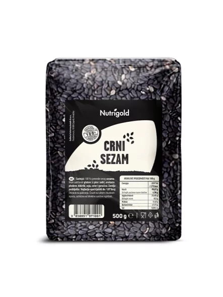 Nutrigold sezam crni u platičnoj, prozirnoj ambalaži od 500g.