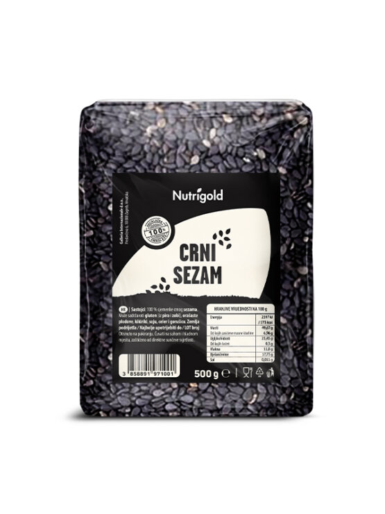 Nutrigold sezam crni u platičnoj, prozirnoj ambalaži od 500g.