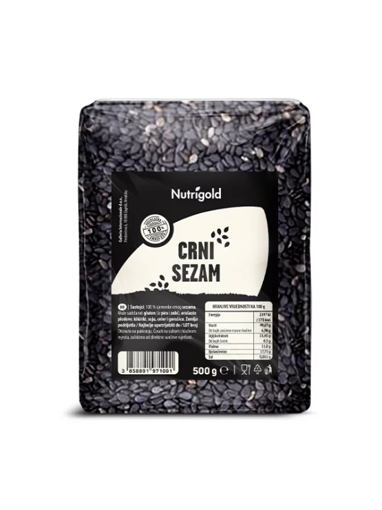 Nutrigold sezam crni u platičnoj, prozirnoj ambalaži od 500g.