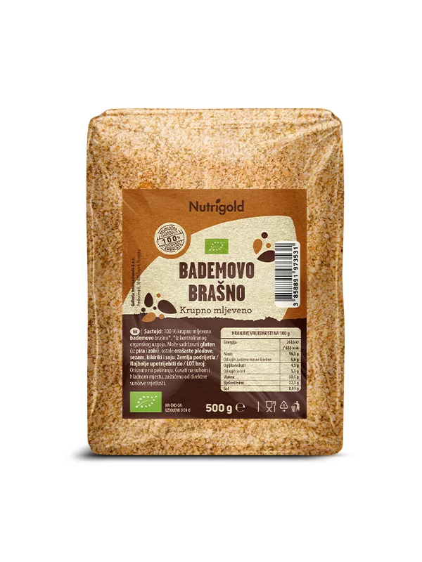 Nutrigold organsko krupnije mljeveno bademovo brašno u prozirnoj ambalaži od 200 grama