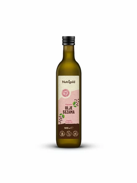 Nutrigold sezamovo ulje u tamnoj staklenoj ambalaži od 500ml.