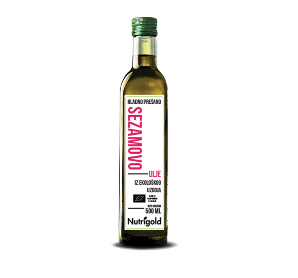 Nutrigold organsko ulje sezama u staklenoj ambalaži od 500 mililitara.