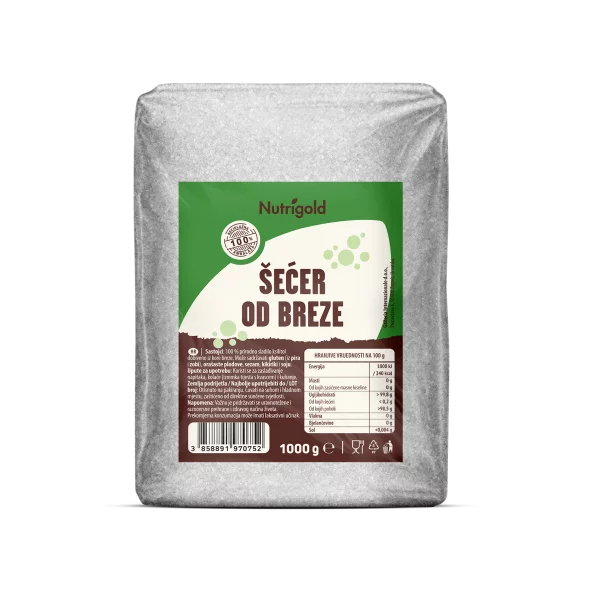 Nutrigold šećer od breze u prozirnoj, plastičnoj ambalaži od 1000g.
