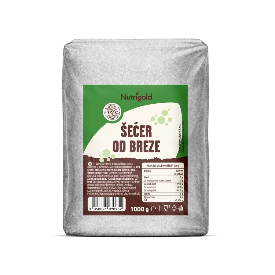 Nutrigold šećer od breze u prozirnoj, plastičnoj ambalaži od 1000g.