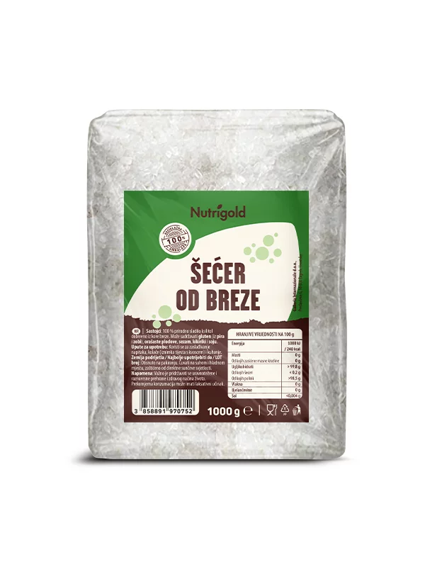 Nutrigold šećer od breze u prozirnoj, plastičnoj ambalaži od 1000g.