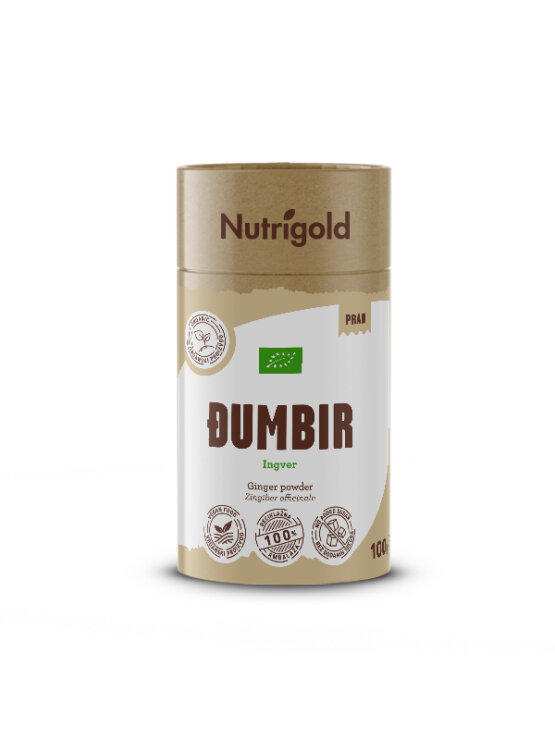 Nutrigold đumbir u prahu u kartonskoj, žutoj ambalaži od 100g.