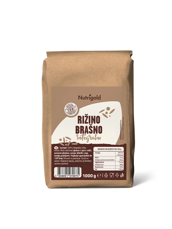 Nutrigold rižino integralno brašno dolazi u smeđem papirnatom pakiranju od 1000g.