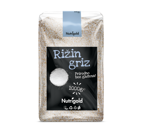Nutrigold rižin griz u plastičnoj prozirnoj ambalaži od 1000 grama.
