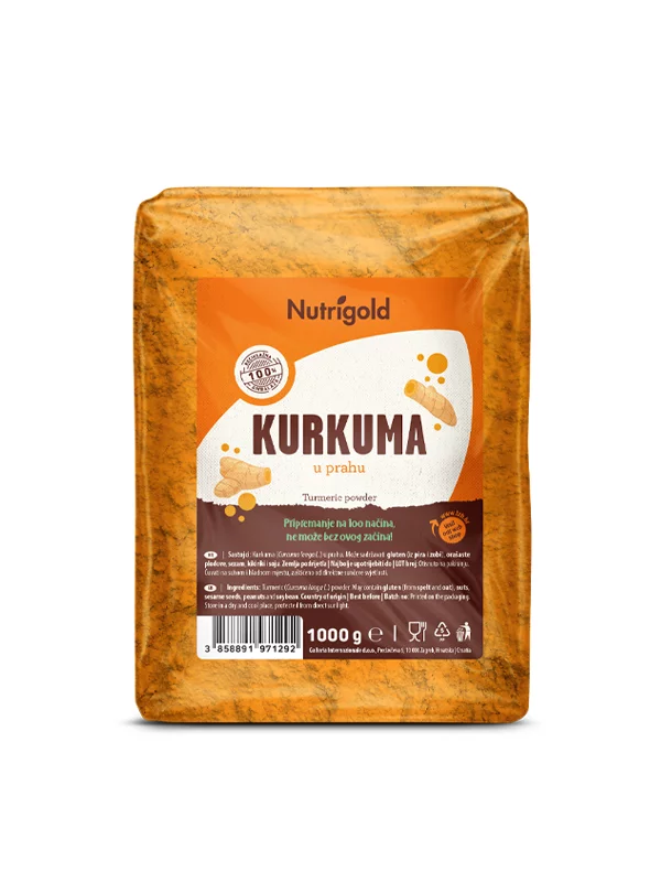 Nutrigold kurkuma u prahu dolazi u prozirnom, plastičnom pakiranju od 1000g.