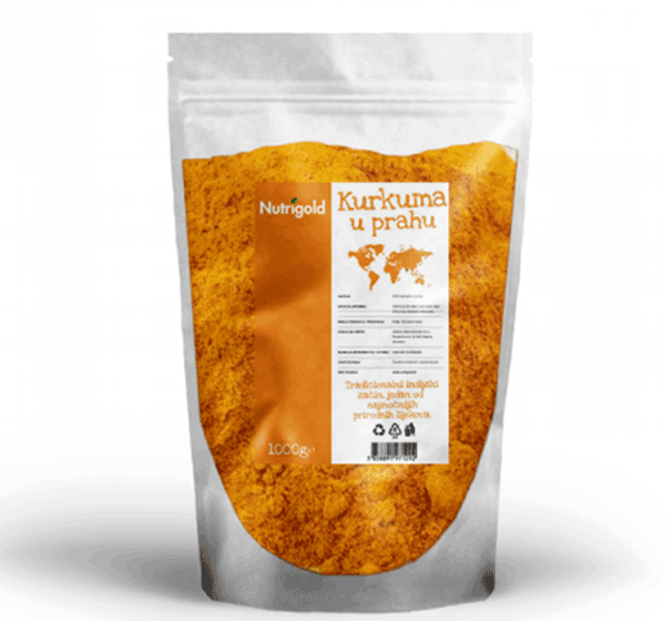 Narančasta Nutrigold kurkuma u prahu u prozirnoj, plastičnoj ambalaži od 1000 grama.
