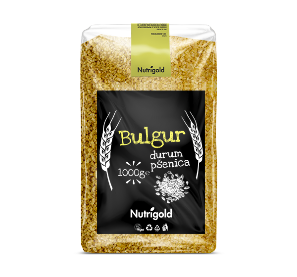 Nutrigold žuti bulgur u plastičnoj prozirnoj ambalaži od 1000 grama.
